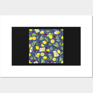 lemons, books and ladybugs on steel gray Posters and Art